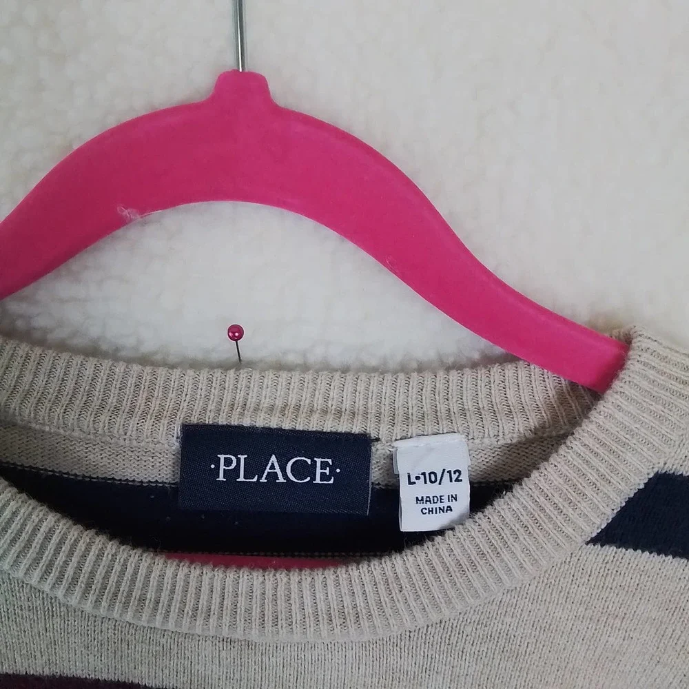 Children's Place Cotton Crew Neck Knit Sweater Size Large in‎ Tan w/ Stripes